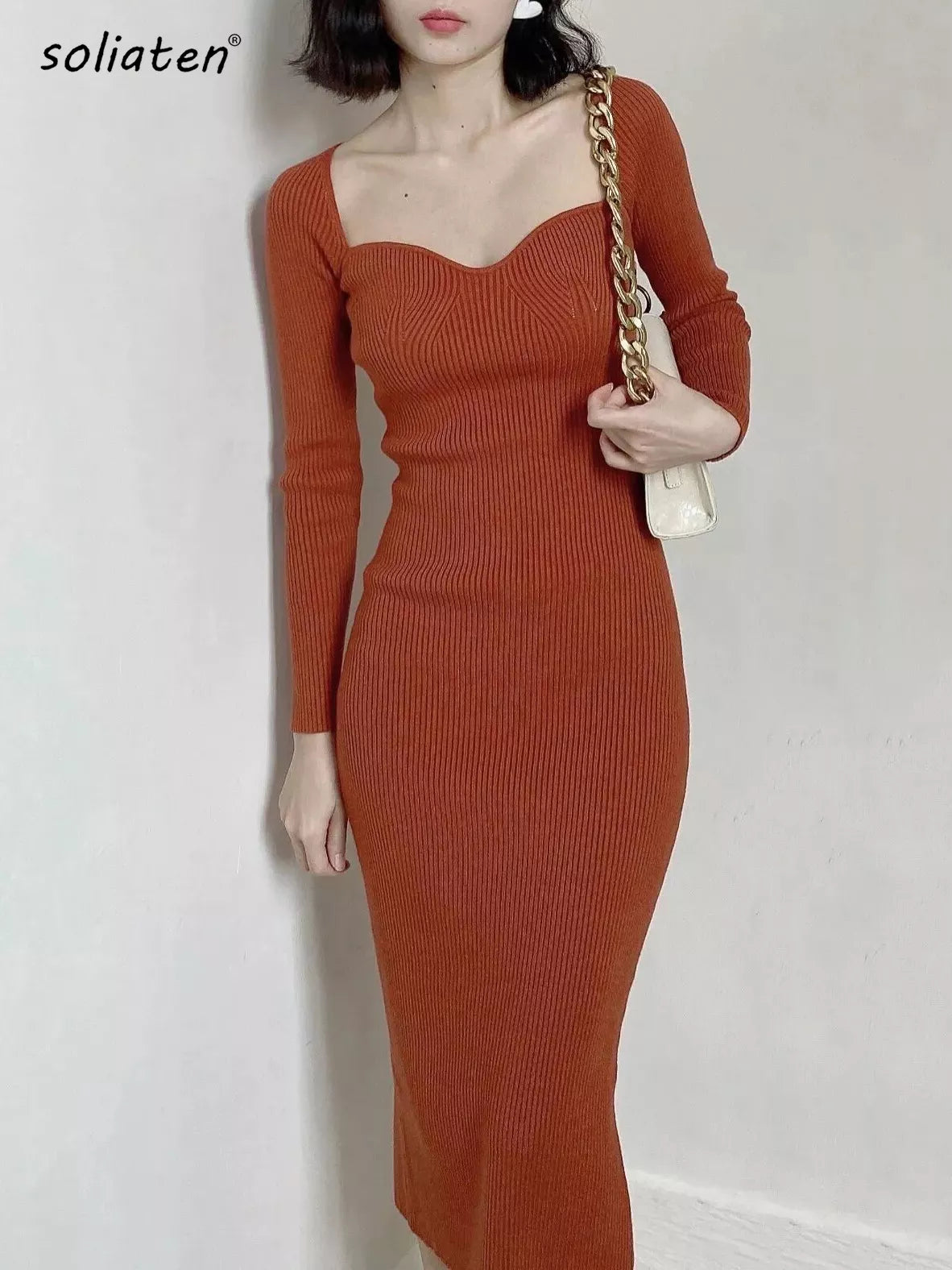 Square Neck Knitted Long Sleeve Dress - Accessory Monk