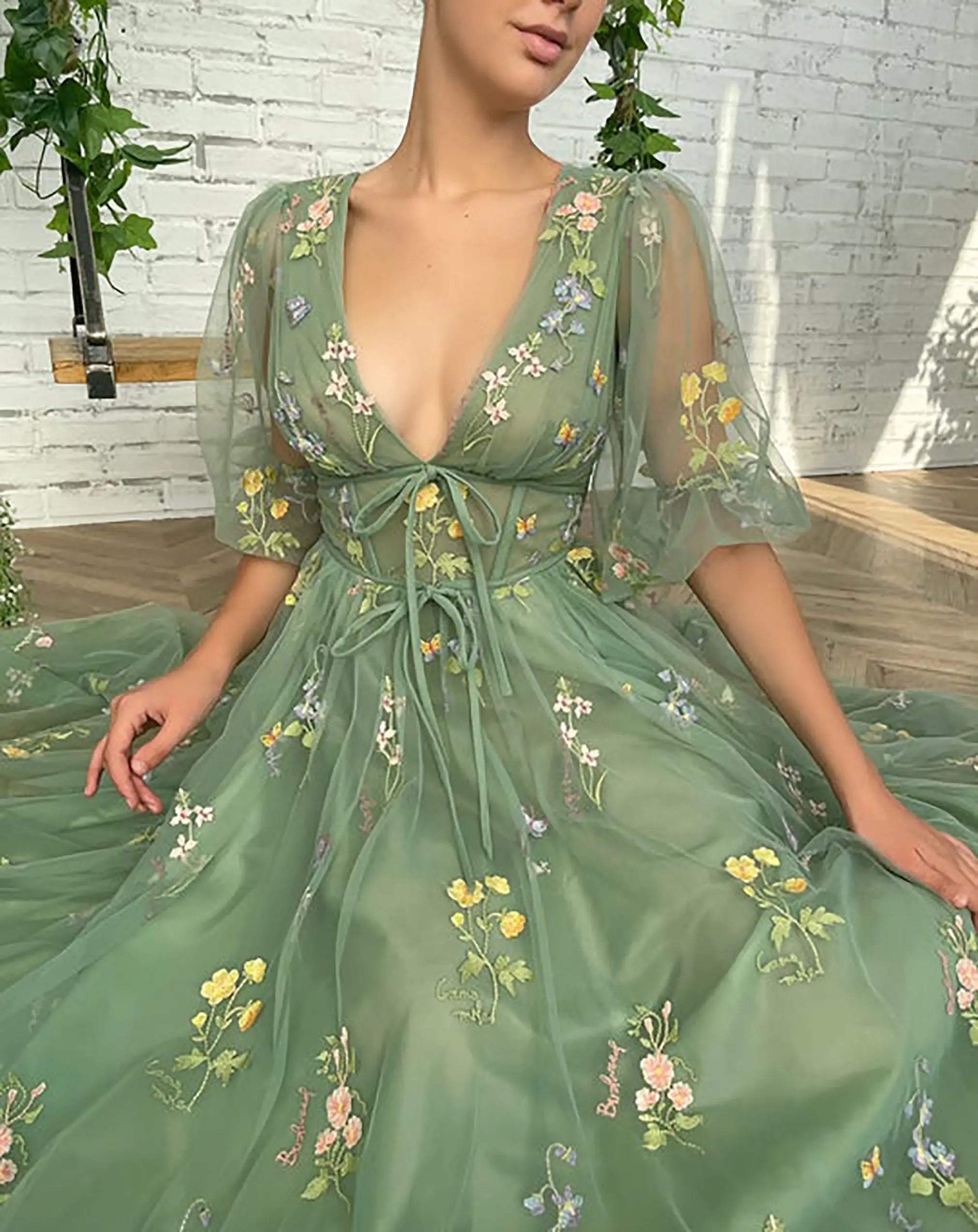 Floral Green Embroidery Prom Dress - Accessory Monk