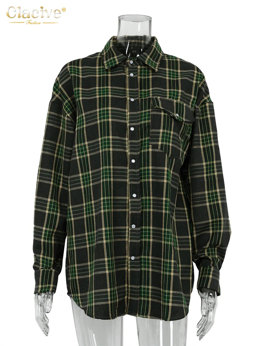 Long Sleeve Loose Plaid Shirts - Accessory Monk