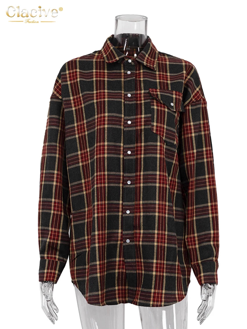 Long Sleeve Loose Plaid Shirts - Accessory Monk