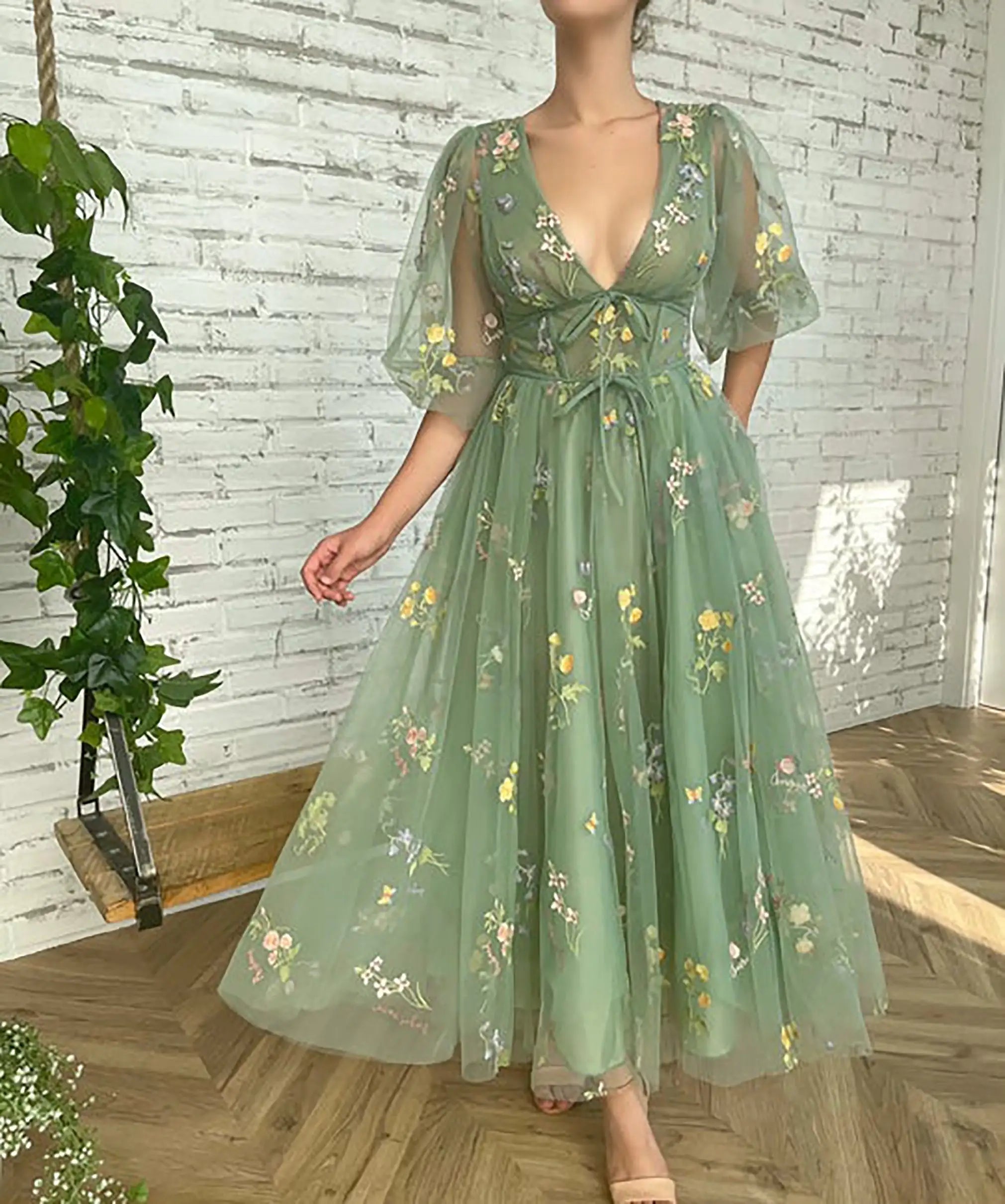 Floral Green Embroidery Prom Dress - Accessory Monk