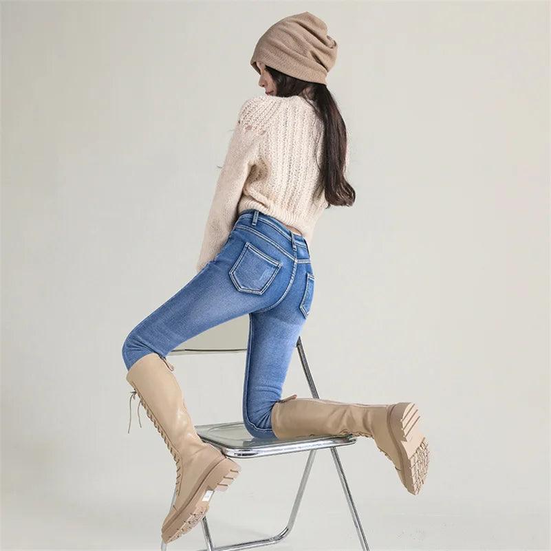 Women Warm Plush Stretch Jeans - Accessory Monk