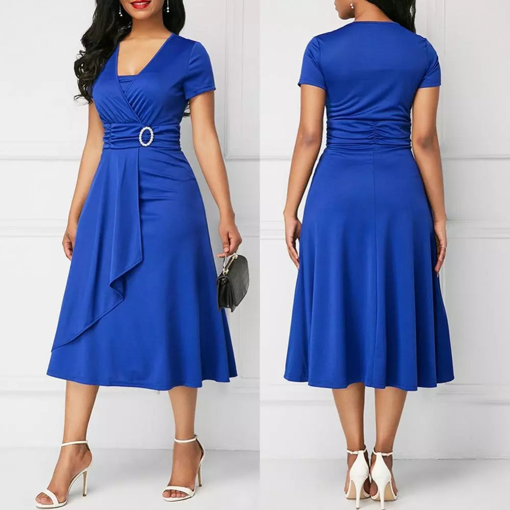 Elegant V Neck Solid Short Sleeve Dress - Accessory Monk