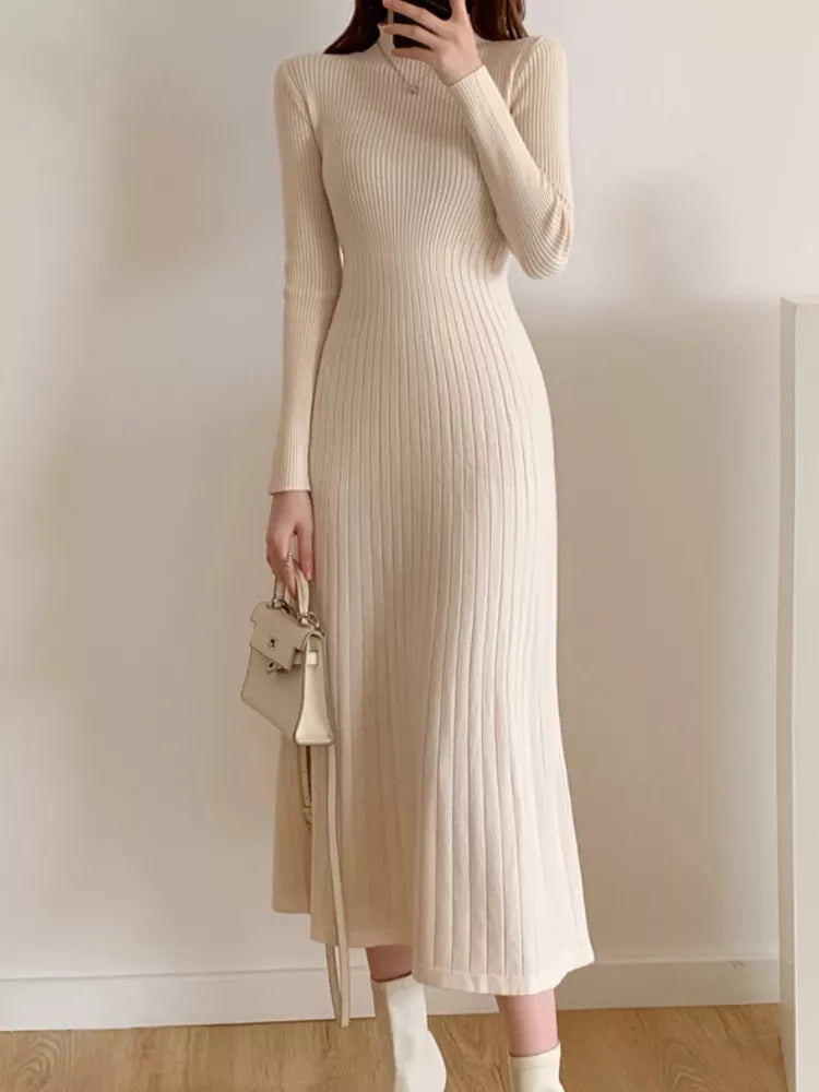 Elegant Knitted Long Sleeve Dress - Accessory Monk