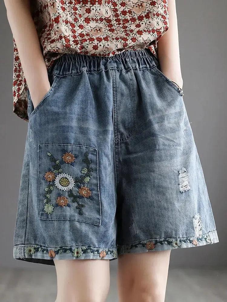 High Waist Embroidery Denim Shorts - Accessory Monk