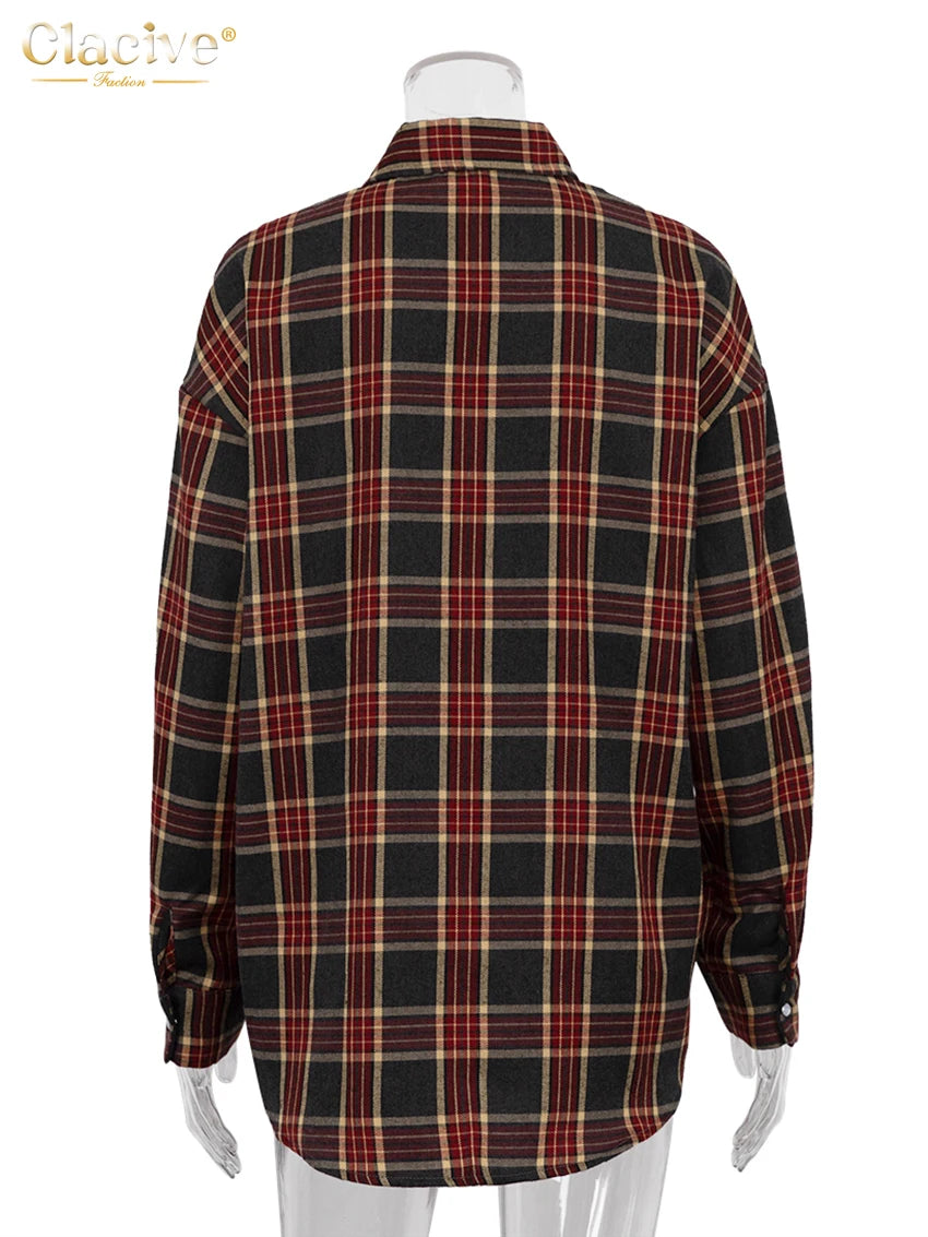 Long Sleeve Loose Plaid Shirts - Accessory Monk