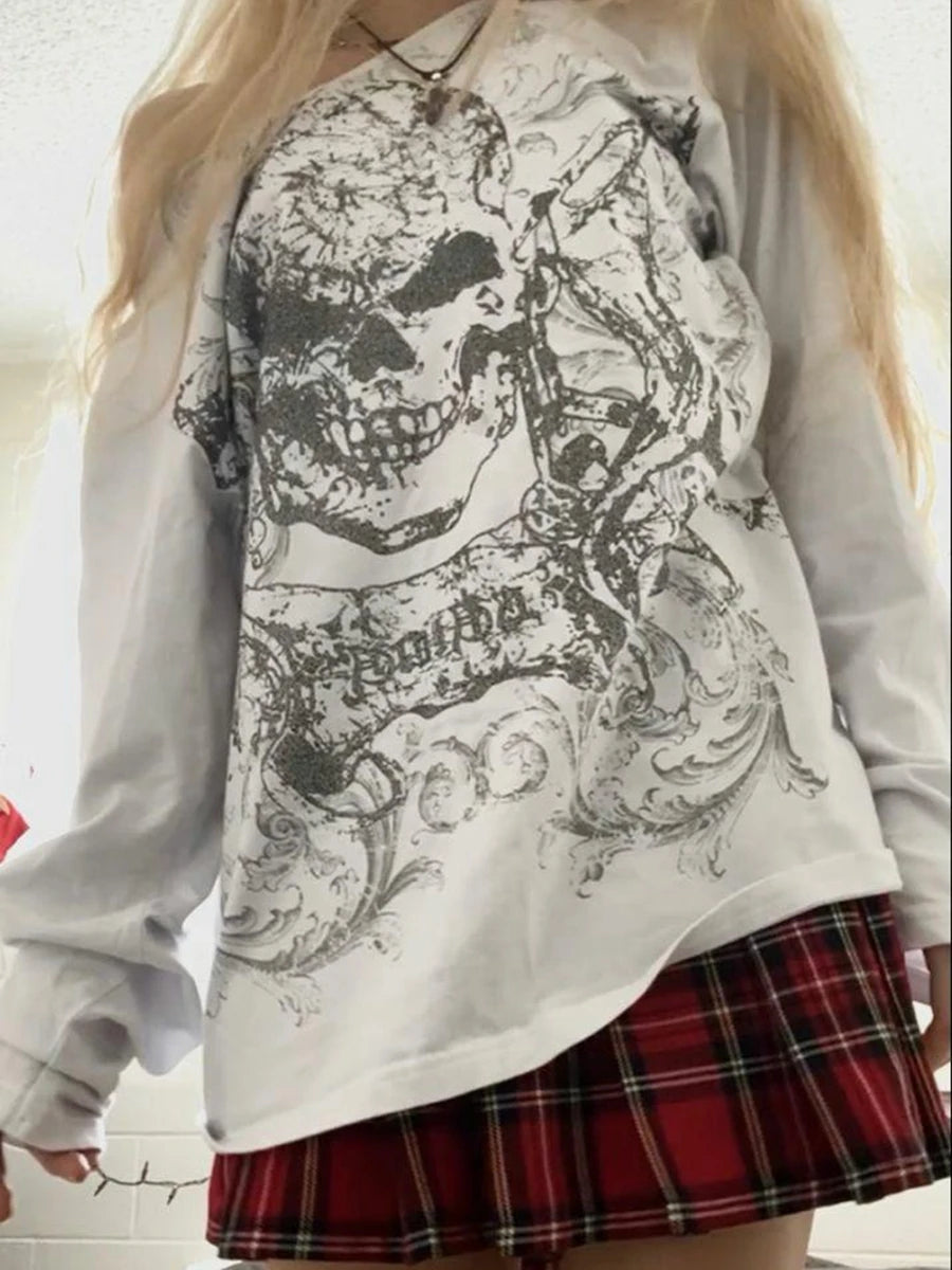 Off-Shoulder Skull Print Fall T-Shirt - Accessory Monk