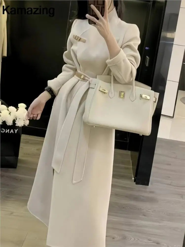 Women Elegant Long Woolen Coat - Accessory Monk