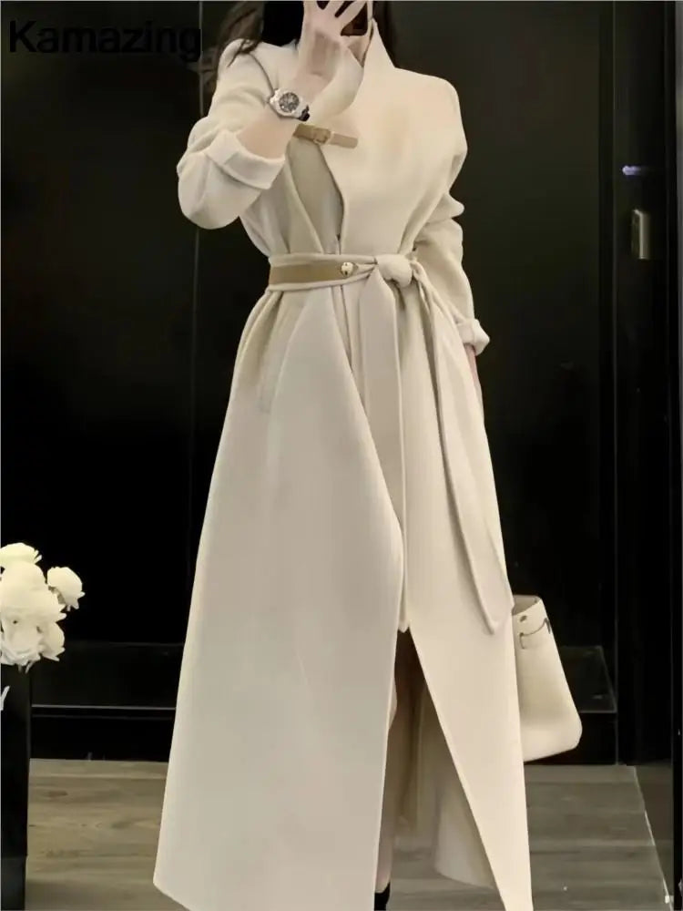 Women Elegant Long Woolen Coat - Accessory Monk