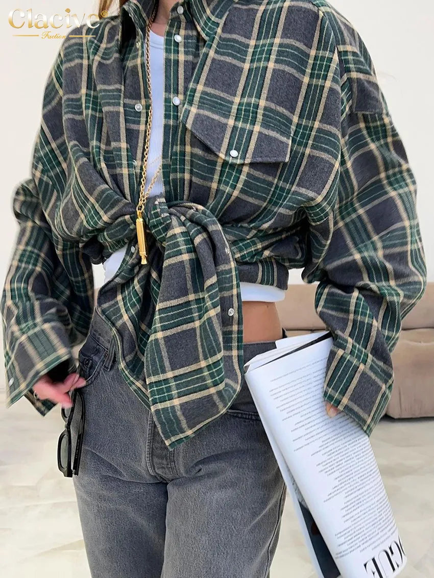 Long Sleeve Loose Plaid Shirts - Accessory Monk